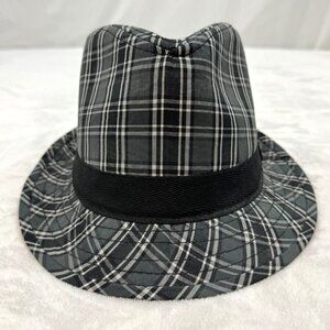 Women Plaid Fedora Hat Gray White w/Black Brim